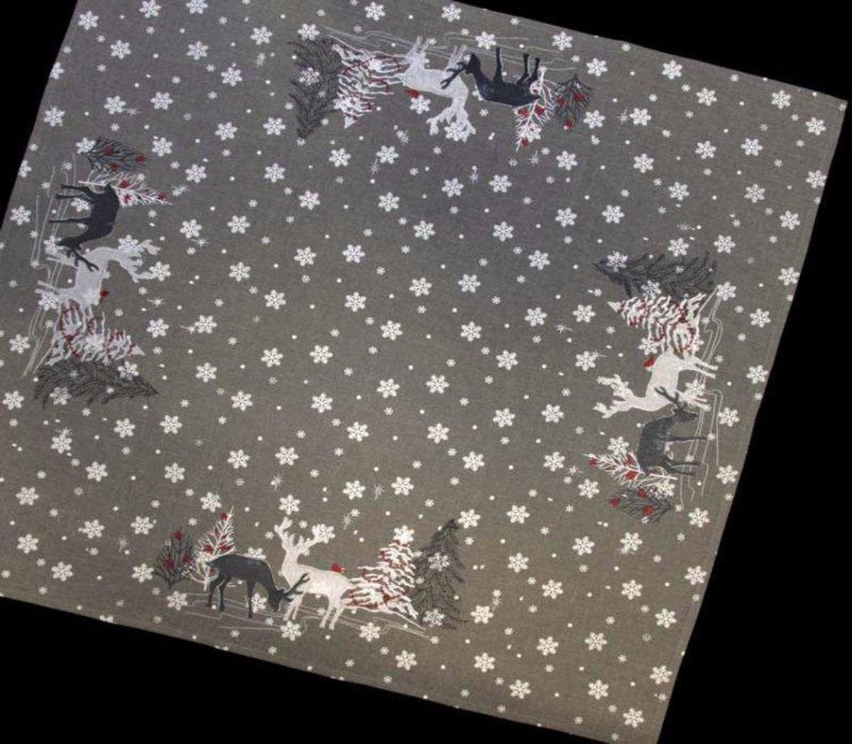 Kerstkleed - Licht grijs linnenlook - Rendieren en sneeuwvlokken - Vierkant 85 cm