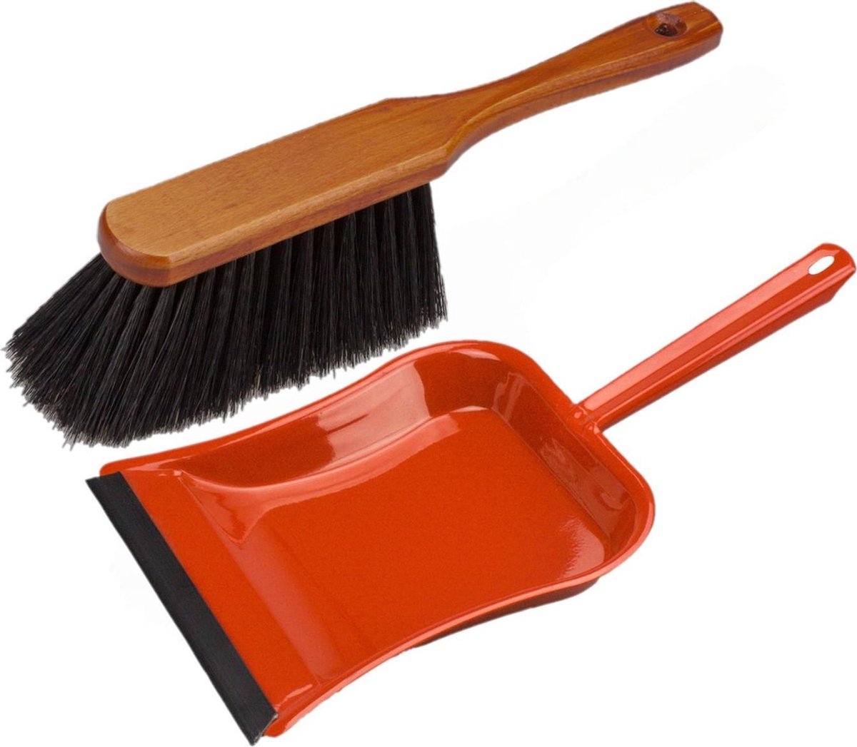 Stoffer en blik rood van metaal/gelakt hout met lip voor binnen - Zachte borstel/handveger