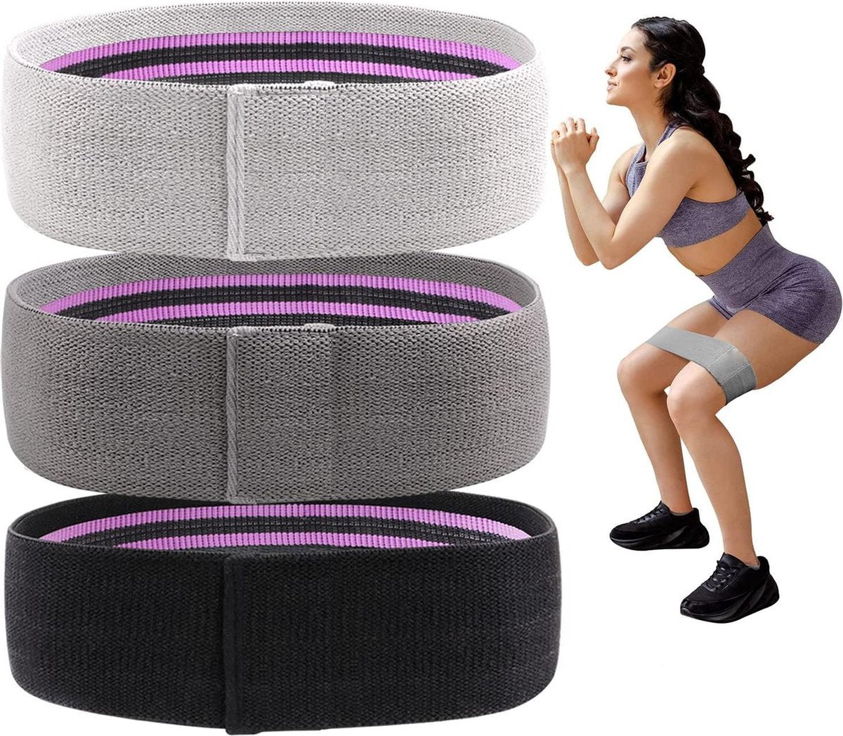Weerstandsbanden - Set van 3 stuks - Resistance Bands - Fitness Elastiek - Grijs / Donkergrijs / Zwart