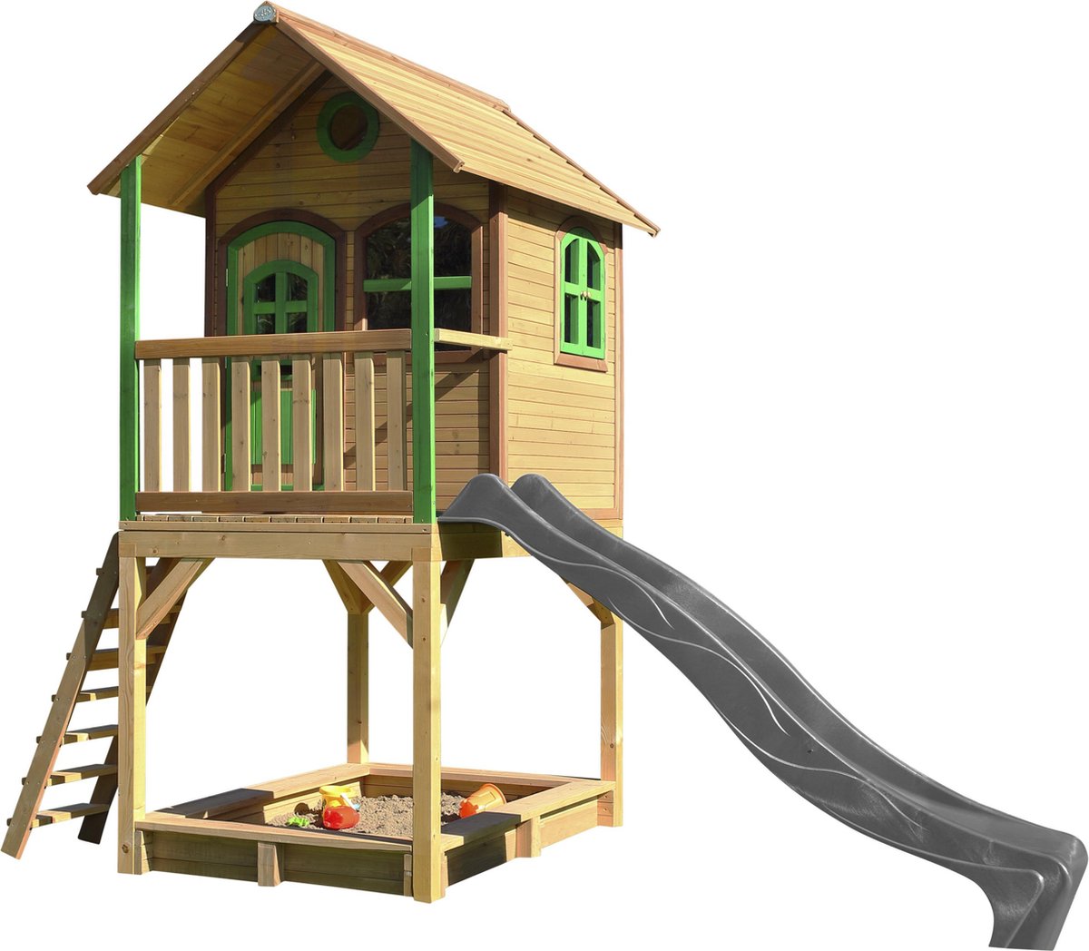 AXI Sarah Speelhuis Bruin/groen - FSC - Platform 118 cm - Zandbak incl. hoes - Grijze glijbaan