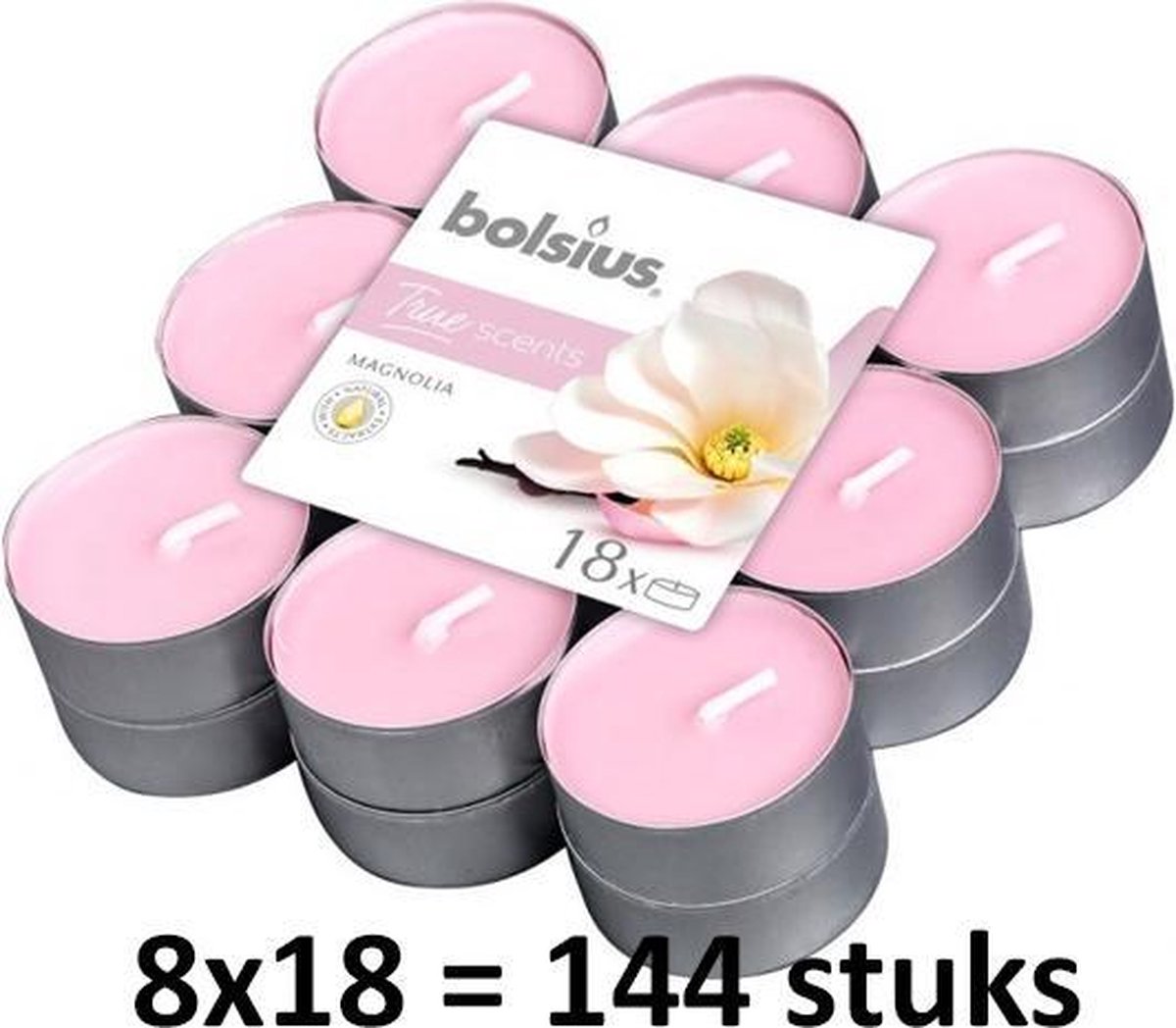 144 stuks Bolsius magnolia geurtheelichtjes (4 uur) True Scents