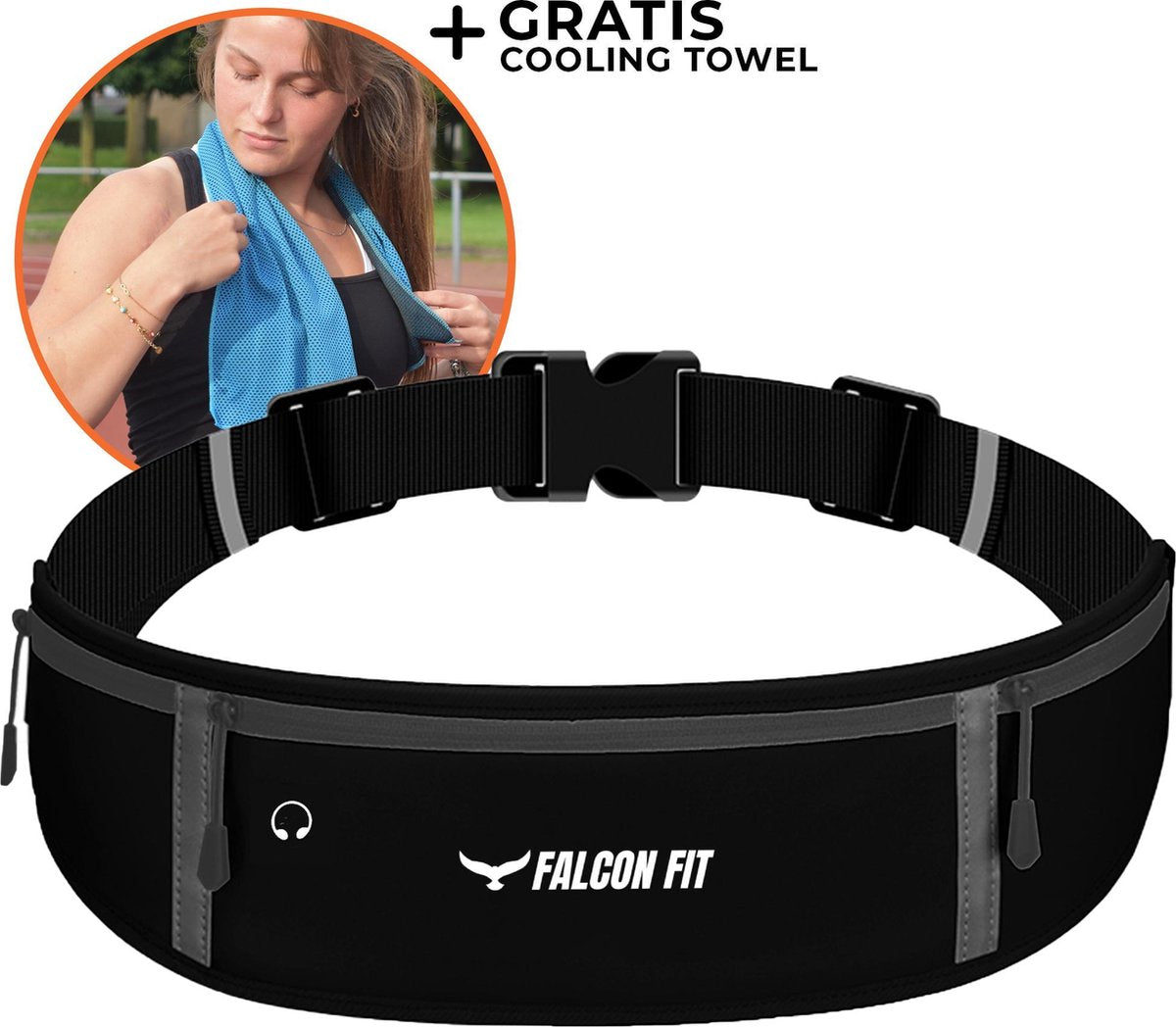 Falcon Fit® Hardloopriem – Incl. Cooling Towel – Running Belt voor Dames/Heren – Verstelbare Sportband – Waterdichte Hardloopband Telefoon – Hardloop Heupband – Sport Heupband – Zwart