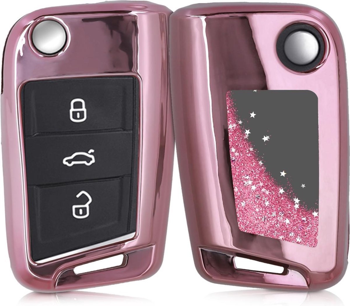 kwmobile autosleutelhoesje voor VW Golf 7 MK7 3-knops autosleutel - sleutelcover van TPU in roze / metallic roze - Sneeuwbol met Sterren design