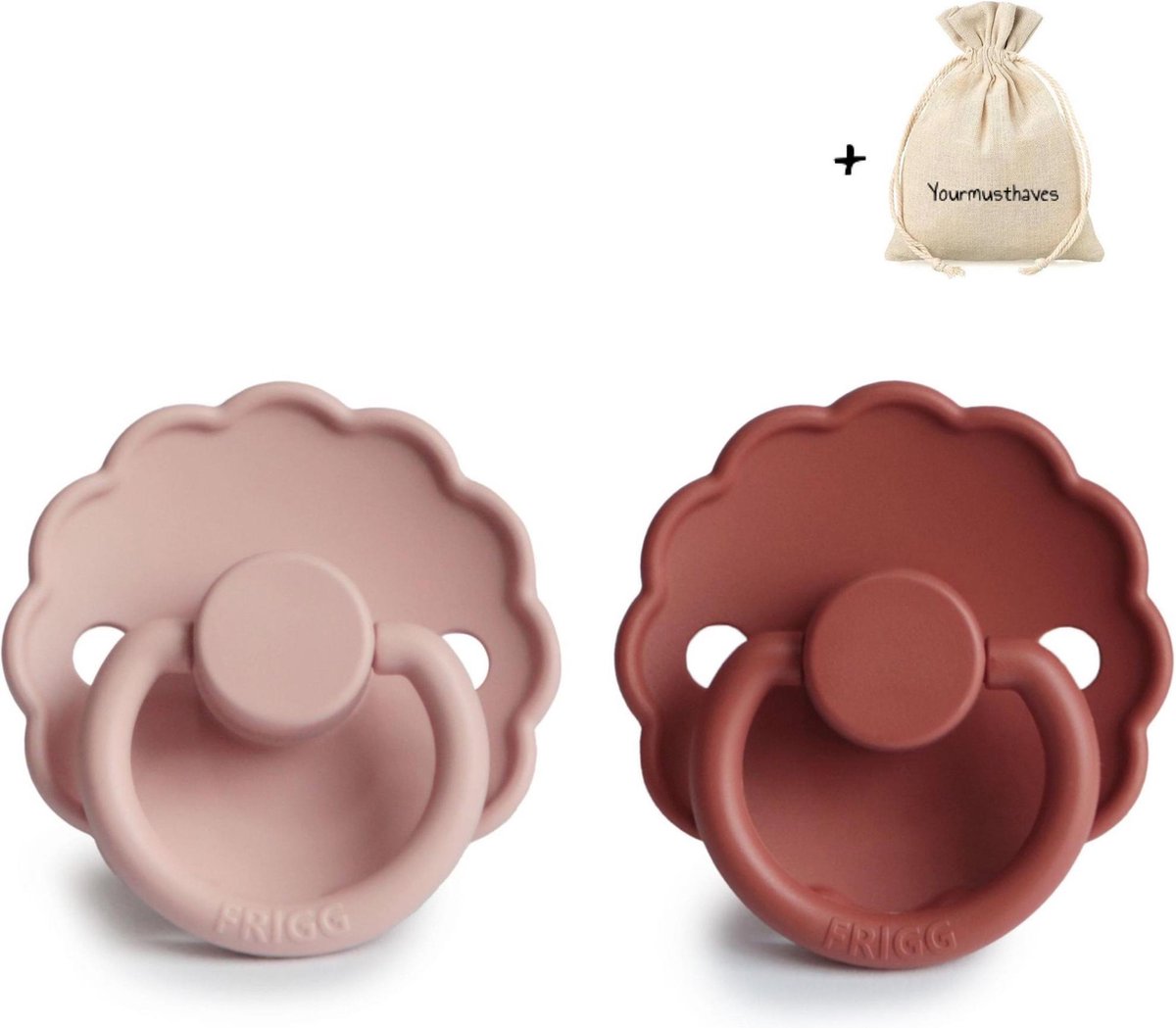 FRIGG | Fopspeen Duo | T1 | 0-6 maanden | Daisy | Silicone | Blush + Baked Clay | Met YOURMUSTHAVES speenzakje