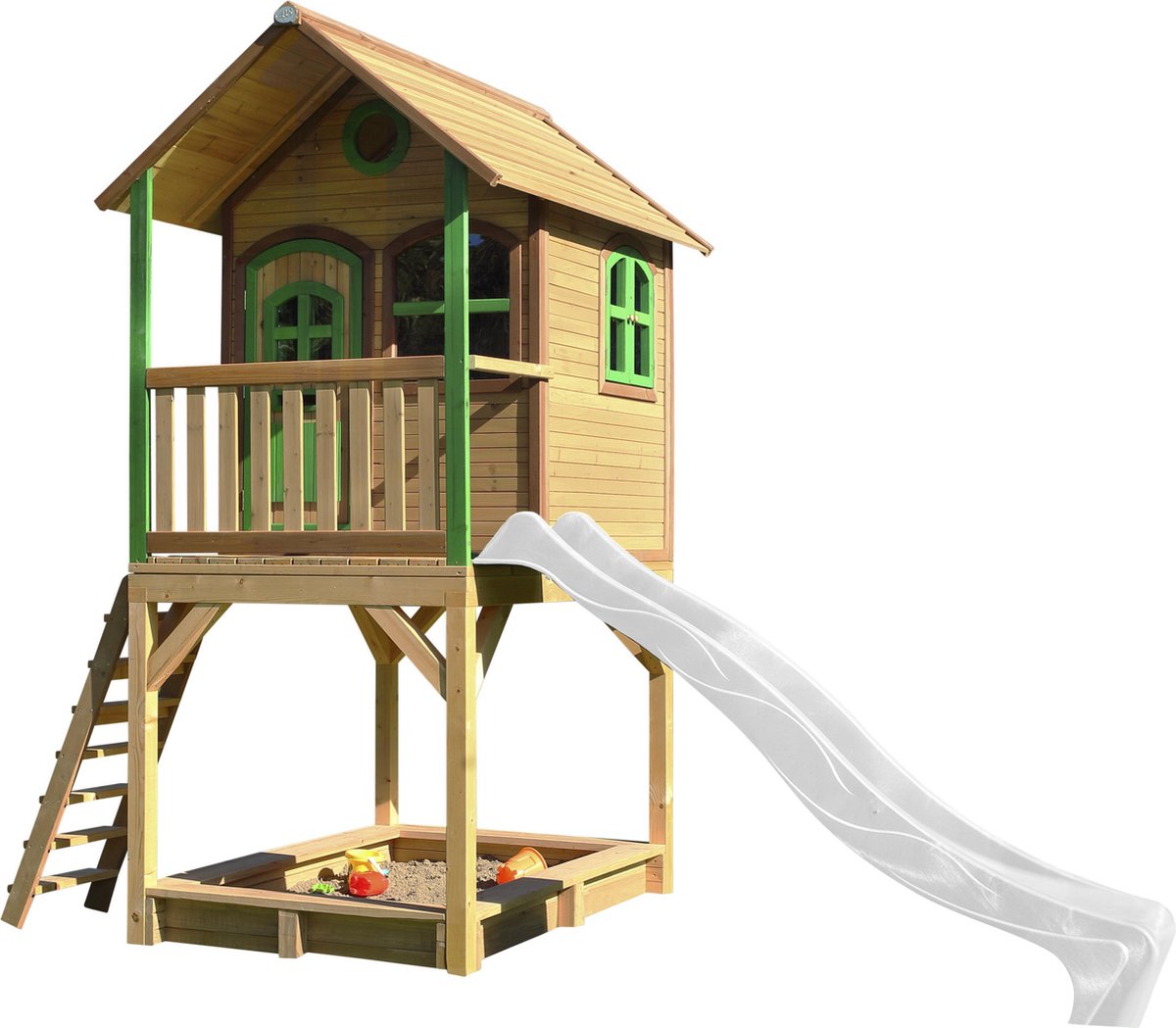 AXI Sarah Speelhuis Bruin/groen - FSC - Platform 118 cm - Zandbak incl. hoes - Witte glijbaan