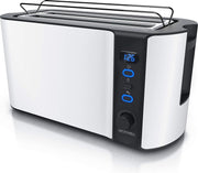 Arendo - Roestvrij stalen broodrooster lange sleuf 4 sneden - Defroestfunctie - warmte-isolerende behuizing - met geïntegreerd opzetstuk voor broodjes - 1500W - kruimellade - display met resterende tijdweergave - mat wit