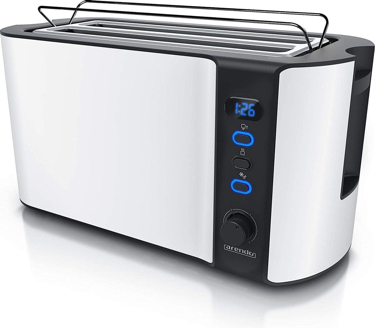 Arendo - Roestvrij stalen broodrooster lange sleuf 4 sneden - Defroestfunctie - warmte-isolerende behuizing - met geïntegreerd opzetstuk voor broodjes - 1500W - kruimellade - display met resterende tijdweergave - mat wit
