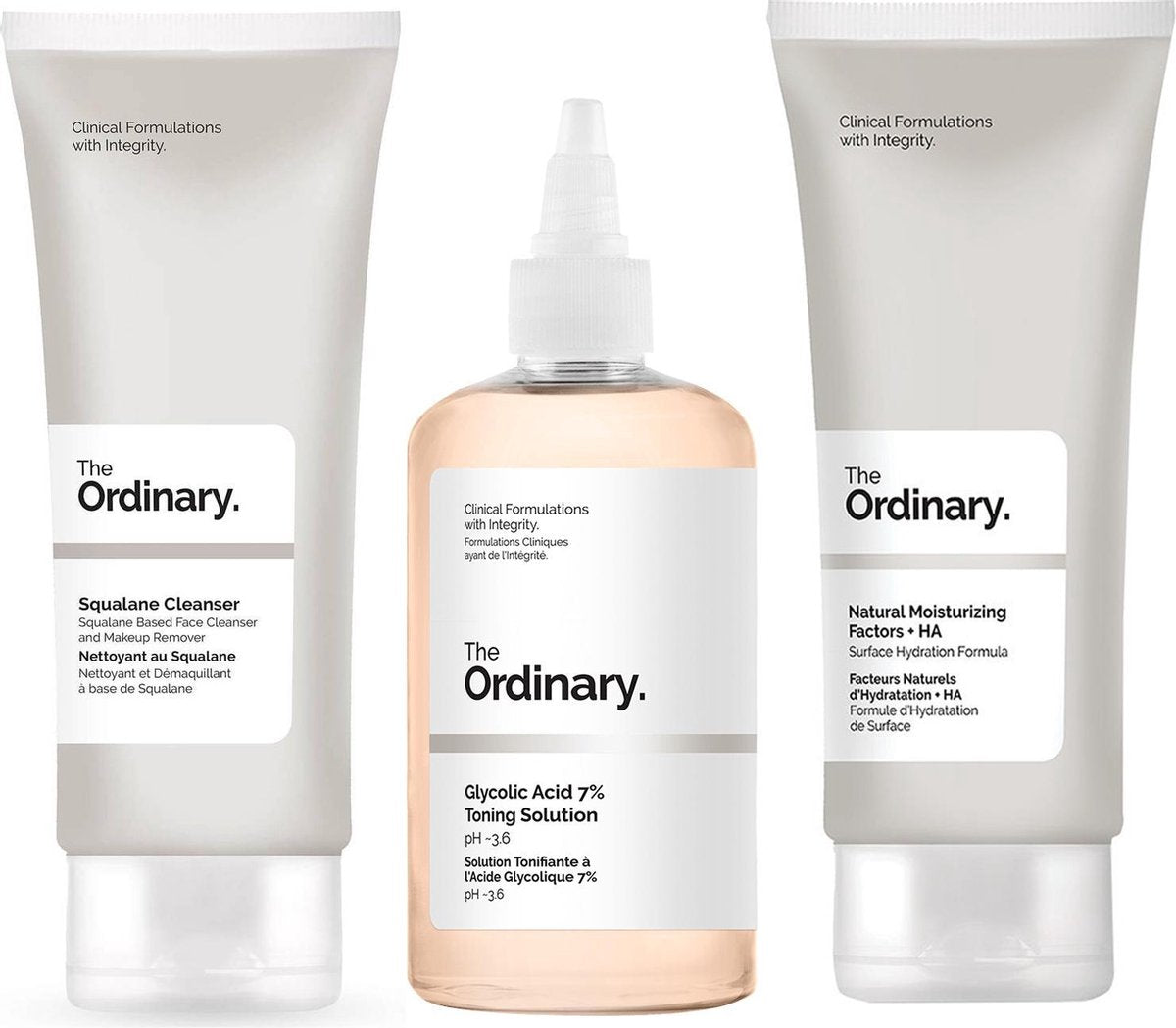 The Ordinary reiniging verzorgingsset - Squalane Cleanser 150 ml - Glycolic Acid 7% Toning Solution 240 ml - Natural Moisturizing Factors + HA 100 ml