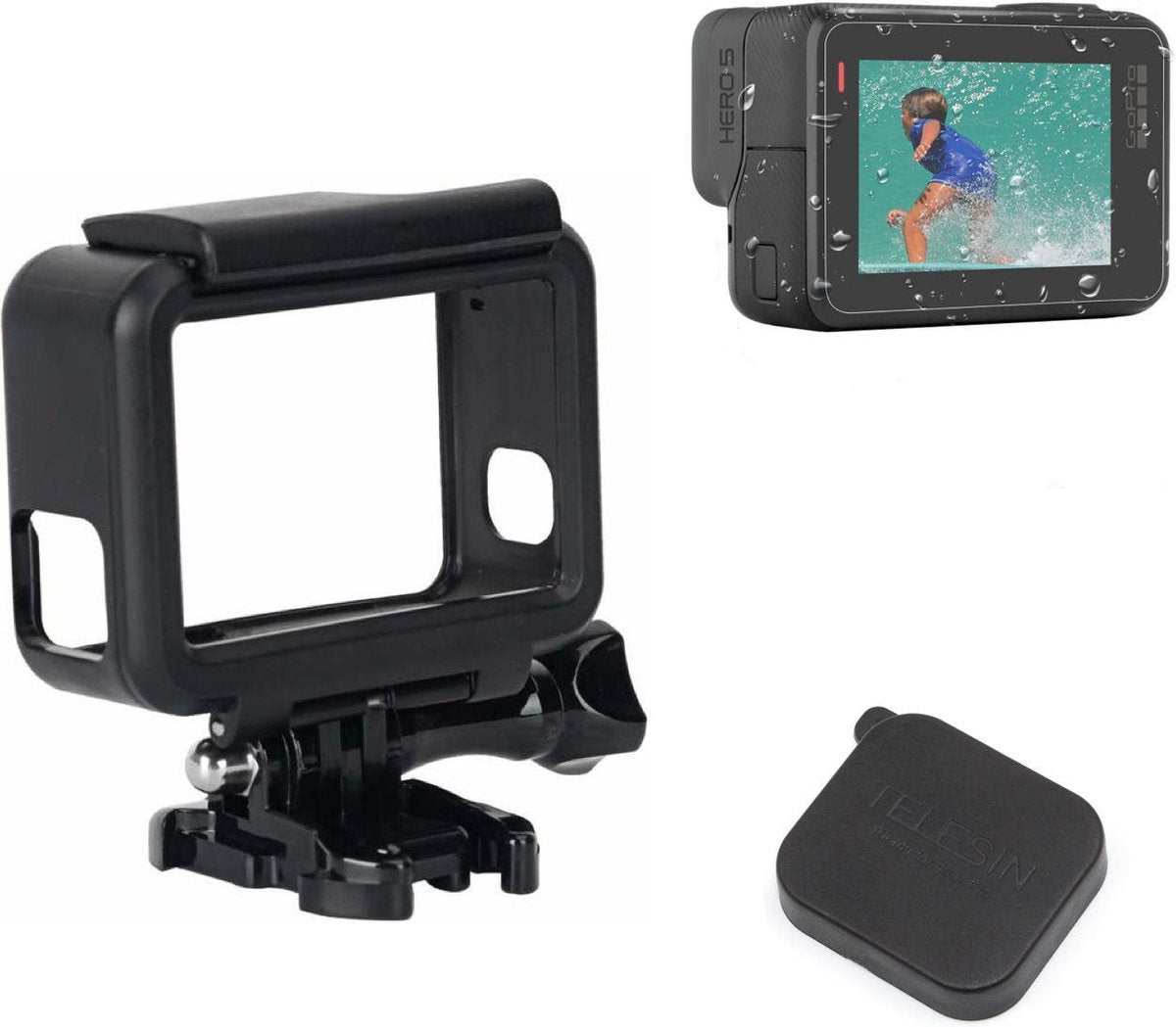 PRO SERIES 3 in 1 Kit Housing Frame + Glass Screenprotector + Camera Lens Cover voor GoPro Hero (2018) / 5 / 6 & 7 BLACK
