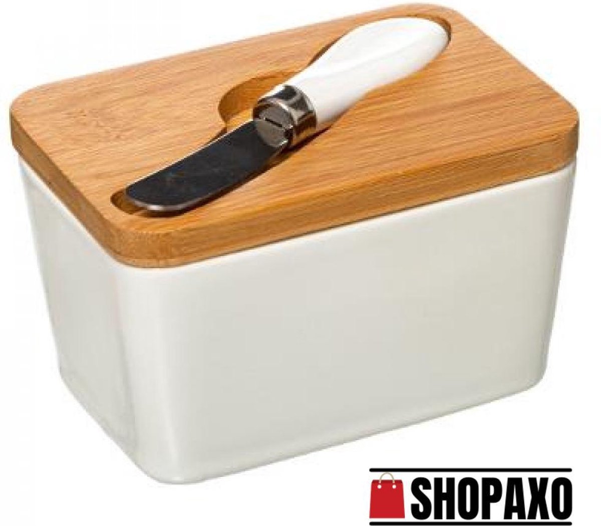 Shopaxo Botervloot met deksel - Keramiek - Botermes - Roomboter - Wit - Hout - Boterkuipje - Boterbakje - Bewaren - Bewaardoos - Boterhouder - Botervlootje