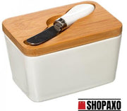 Shopaxo Botervloot met deksel - Keramiek - Botermes - Roomboter - Wit - Hout - Boterkuipje - Boterbakje - Bewaren - Bewaardoos - Boterhouder - Botervlootje