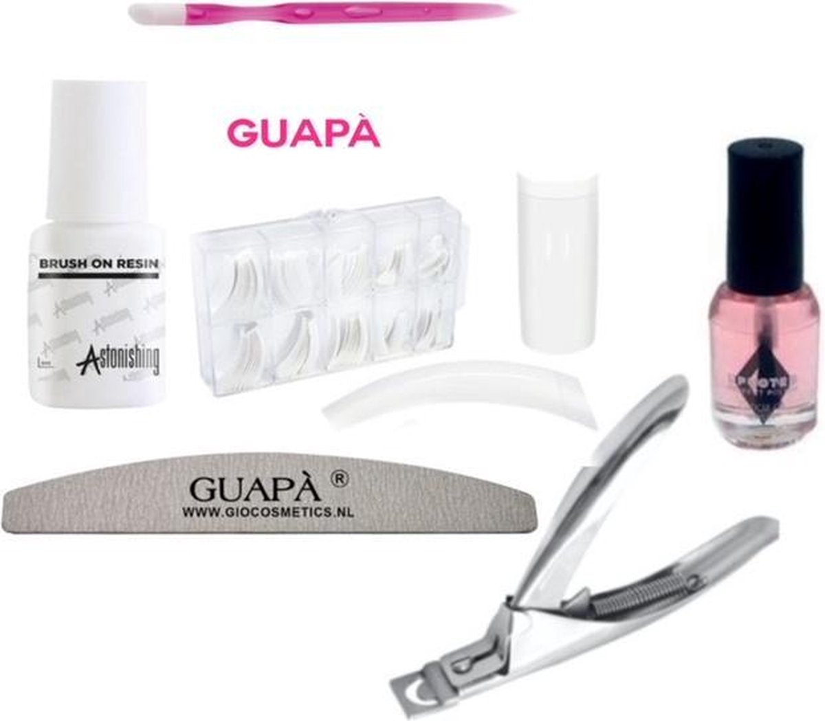 GUAPÀ - Kunstnagel Set voor het zetten van Nagelverlenging - 100 stuks Tips French Manicure Wit + 5 ml nagellijm + Tipknipper + Nagelvijl en Nagelriem Olie - Acrylnagels - Tips - Nepnagels pakket