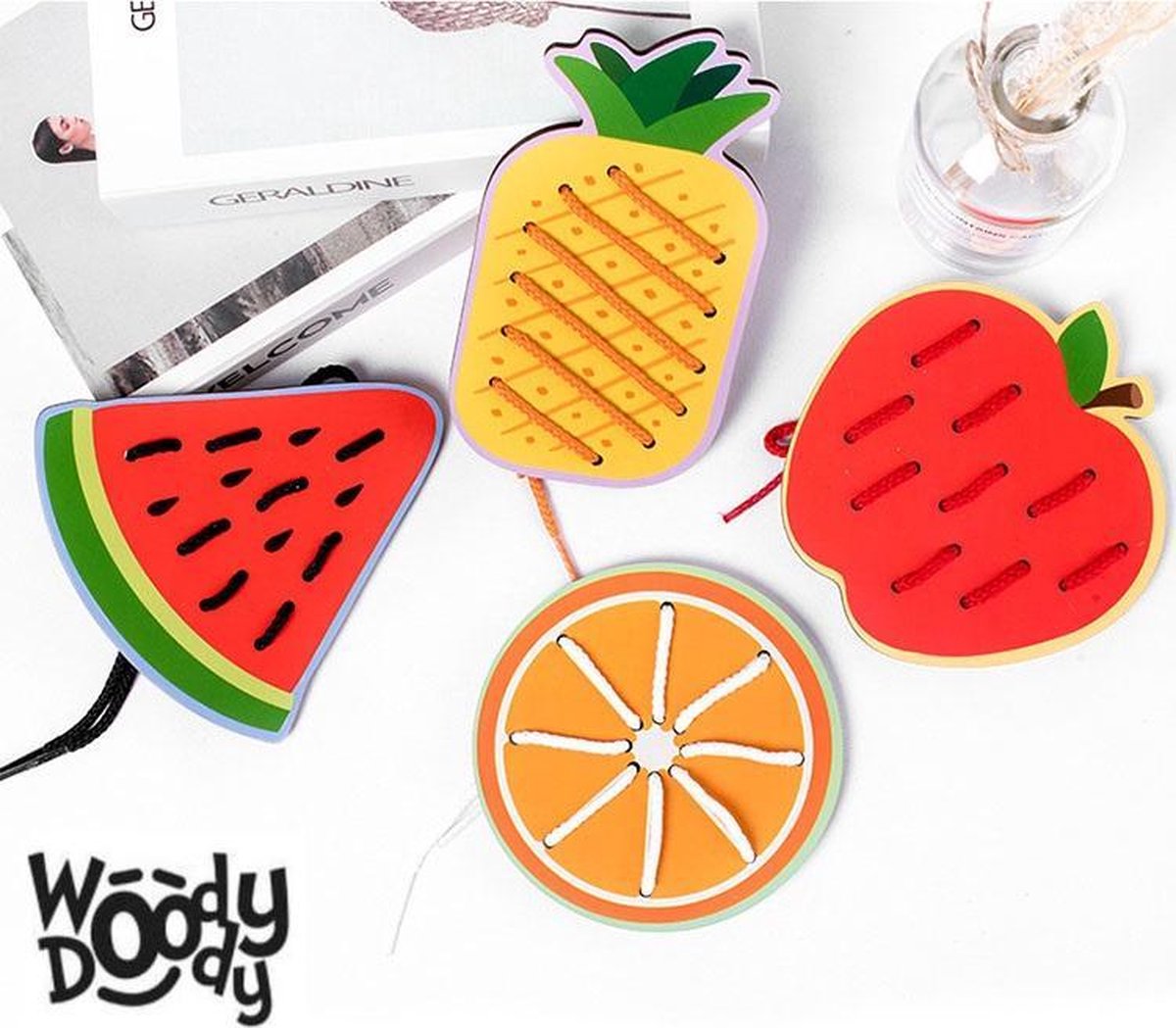 Montessori Speelgoed Rijgspel met Veters Rijgen voor Fijne Motoriek 20cm Grote Fruit Stukken van Hout Creatief Knutselen - WoodyDoody