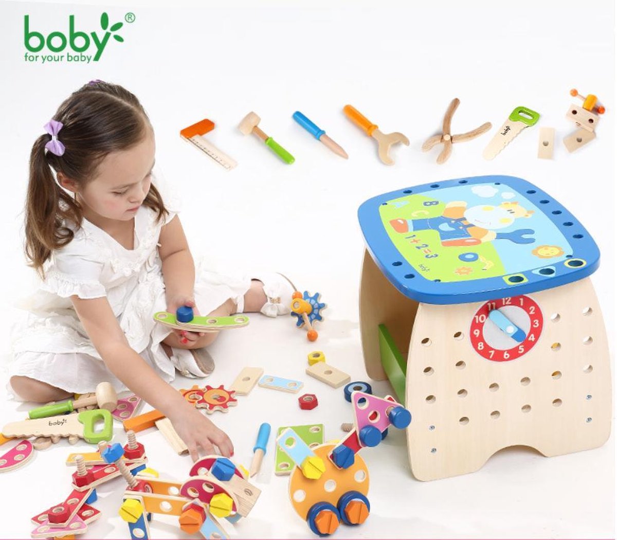 Boby Schattige Beer 78 delig houten speelgoedwerkbank & Gereedschapskist voor kinderen - Bouwonderdelen en Gereedschap - DIY 2D/3D-puzzel uitstekend voor hand-oogcoördinatie - Speelgoedgereedschapskoffer - Kan als kinder tafel en kruk worden gebruikt