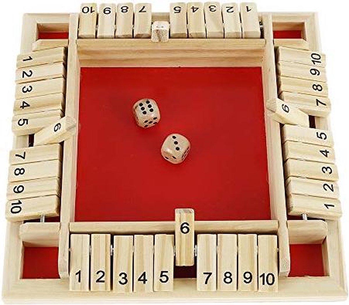 Nixnix - Shut The Box - Rood - 4 Spelers - Dobbelspel - Inclusief 8x dobbelstenen - Hout - Kansspel - Bordspel - Kansspel - Reisspel - Drankspel