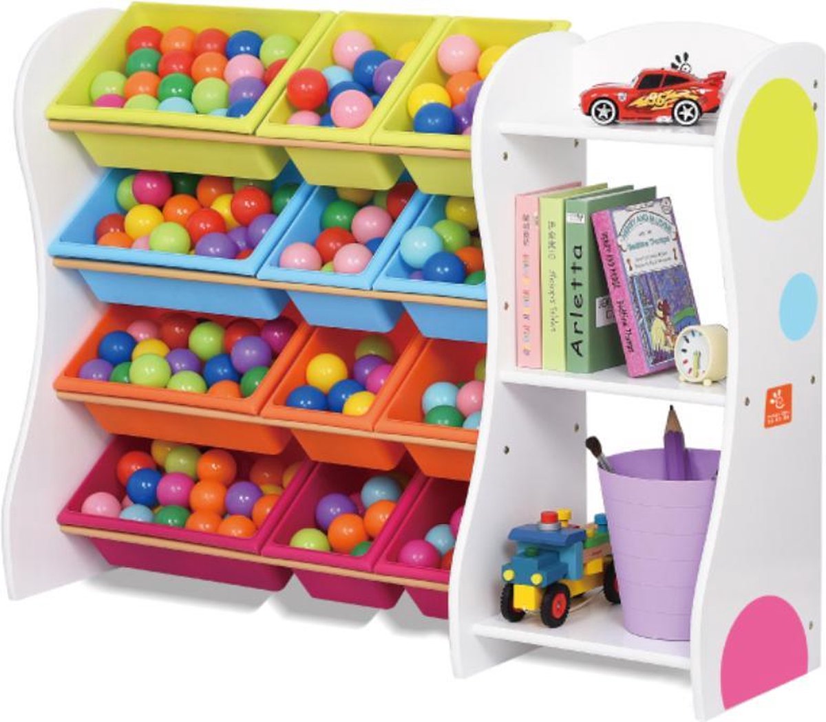 Infanton Massief houten 3-laags Kast met 9 Opslagbakken & Boekenplank & extra Boekenkast - Wit 126CM- Opbergkast - Speelgoedrek - Opbergrek - Speelgoedboxen - Opbergmeubel - Kast kinderkamer - Kinderkast - Organizer - Speelgoedkast