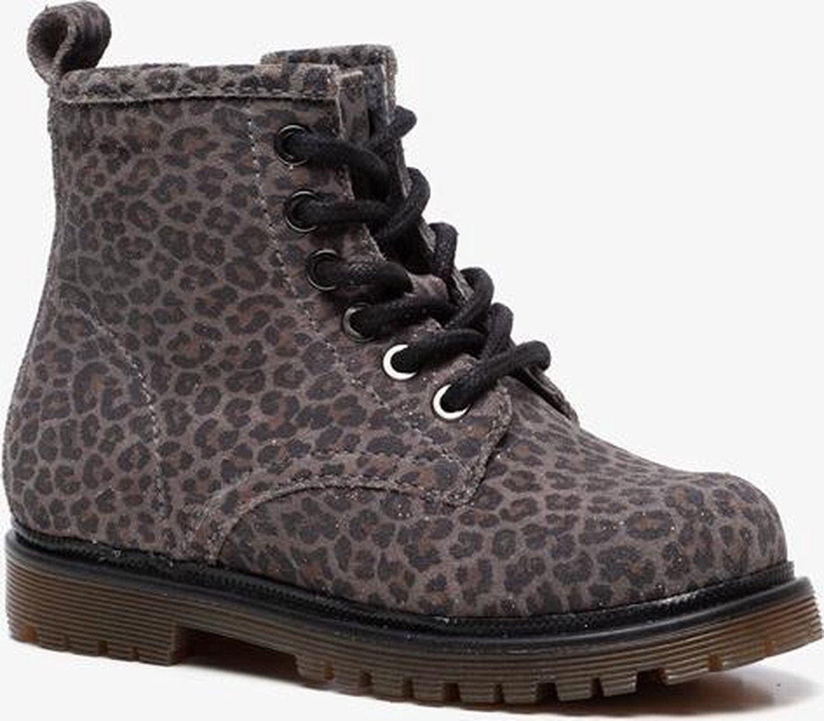 Groot leren meisjes veterboots met luipaardprint - Grijs - Maat 25