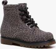 Groot leren meisjes veterboots met luipaardprint - Grijs - Maat 25