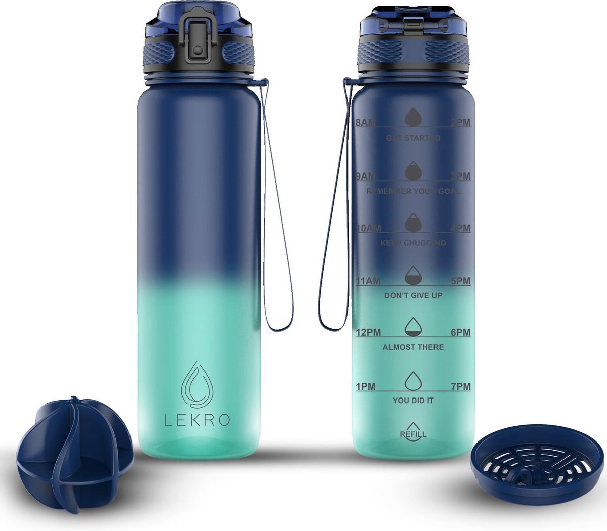 Lekro Waterfles met Tijdmarkeringen - Motivatie Drinkfles Met Fruitfilter en Shake Bal/Shaker - 1 Liter - BPA vrij - Blauw