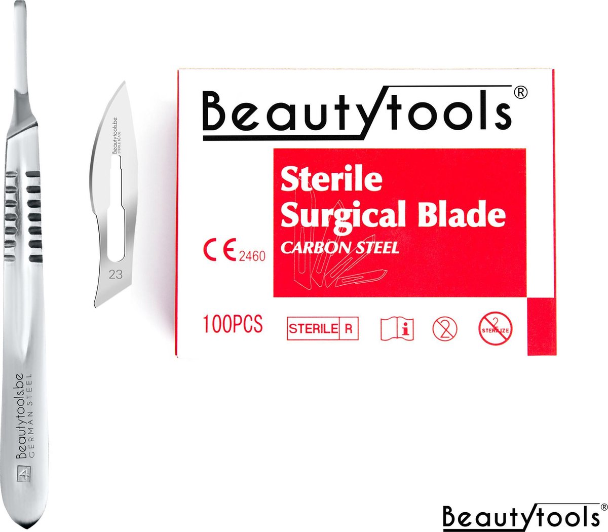 BeautyTools Set Scalpels met Bistouri Houder nr. 4 + Scalpel Mesjes nr. 23 (100 stuks) - Pedicure Mesjes - Steriel Verpakt (BP-0713)