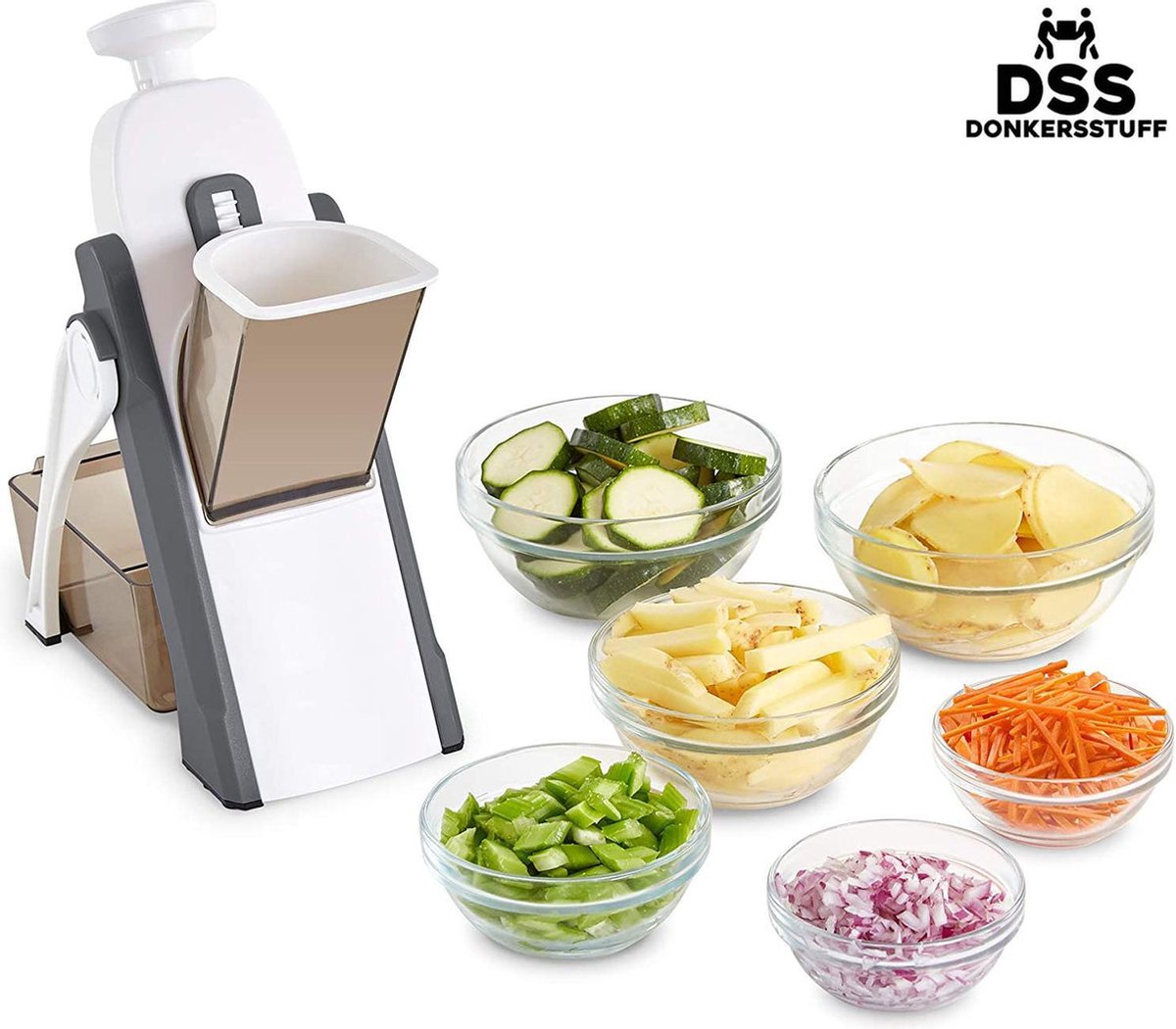 Donkersstuff Safe Slicer - Multifunctionele groentesnijder - Mandoline - Uiensnijder - Groentensnijder - Keukensnijder - Handmatig – Schijfjes/Blokjes/Reepjes/Julliene - BPA-vrij