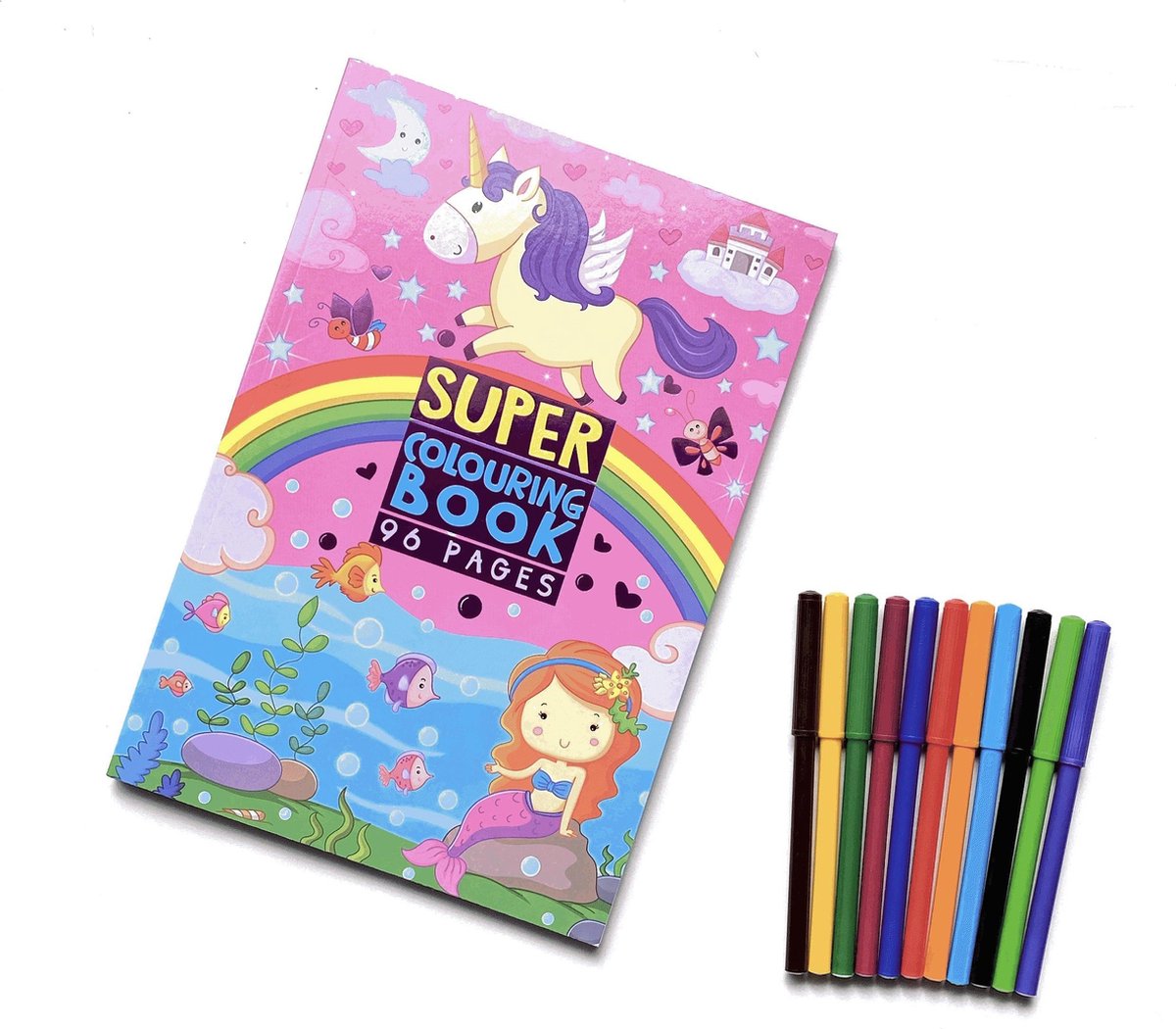 Super Colouring Book - Unicorn - Zeemeerminnen - Kleurboek - 96 pagina's - incl. Kleurstiften - Tekenset