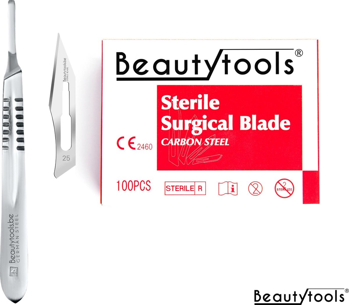 BeautyTools Set Scalpels met Bistouri Houder nr. 4 + Scalpel Mesjes nr. 25 (100 stuks) - Pedicure Mesjes - Steriel Verpakt (BP-0737)