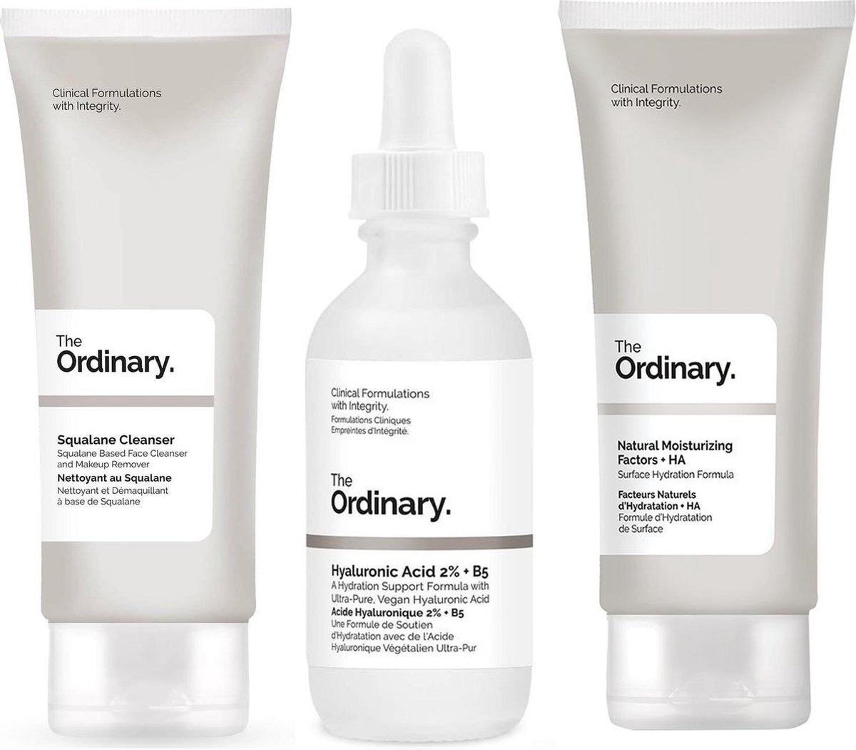 The Ordinary verzorgingsset - Squalane Cleanser 150 ml - Hyaluronic Acid 2% + B5 Supersize Serum 60ml - Natural Moisturizing Factors + HA 100 ml - Effectieve formules - Intense hydratatie
