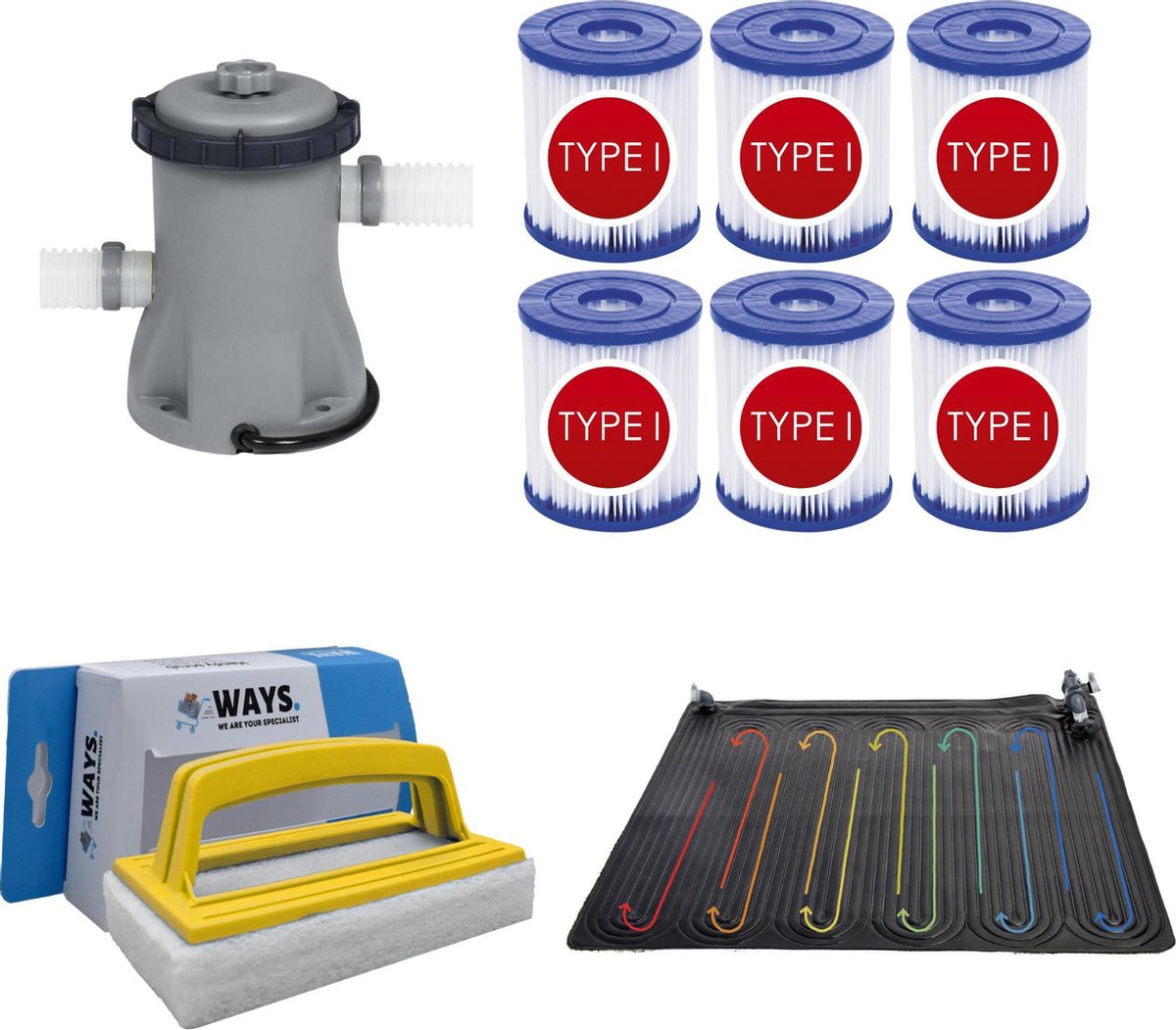 WAYS - Zwembad Onderhoud - Zwembad Verwarming & Bestway Filterpomp 1249 L/h & 6 Bestway Filters Type I & WAYS Handy Scrubborstel