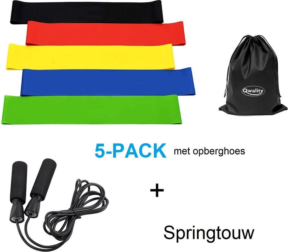 Weerstandsbanden 5x + Springtouw – Sport Elastiek Banden - Resistance Bands - Thuis Train Set – Fitness - Inclusief Oefeningen - Qwality