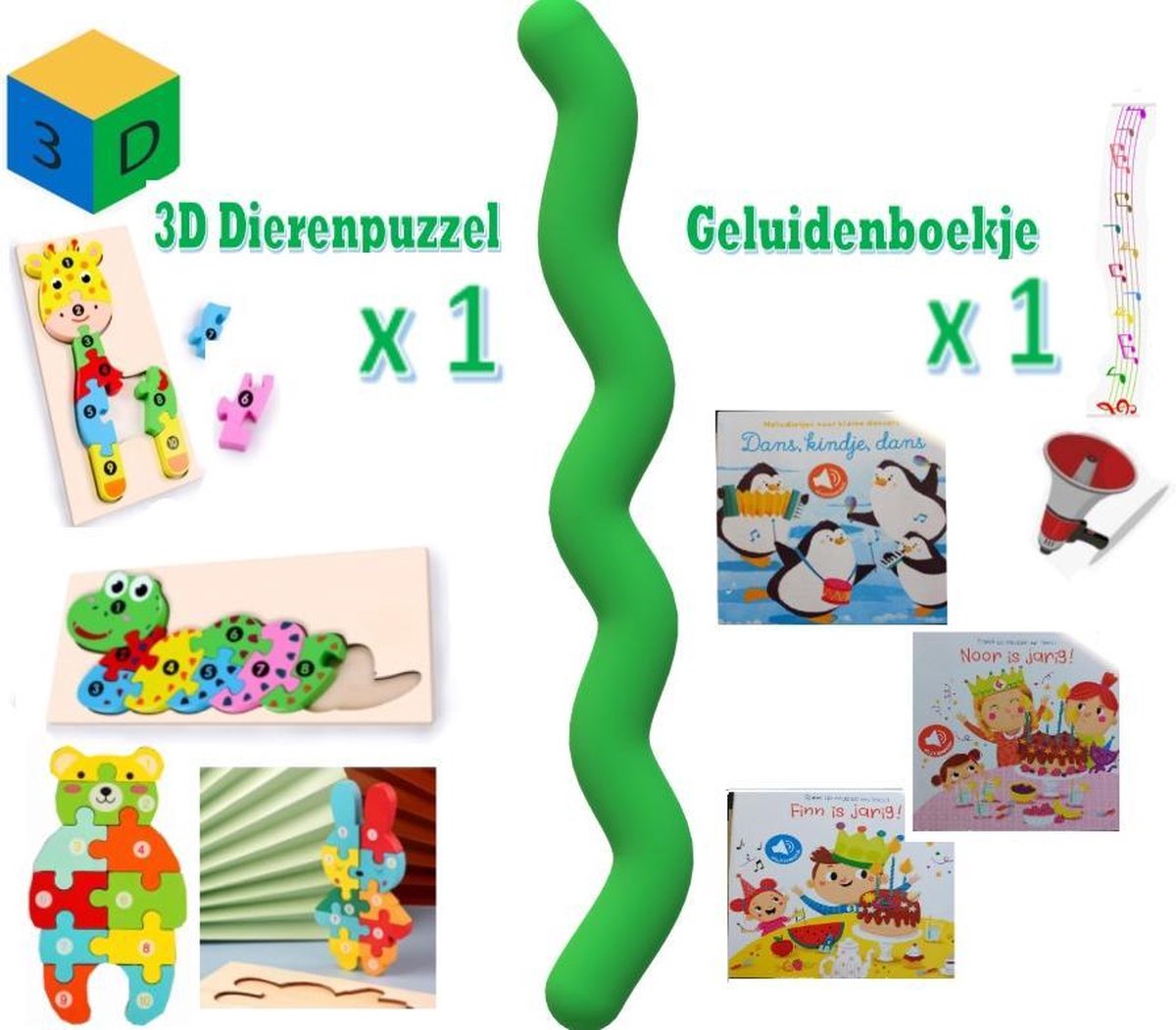 3D Houten Puzzel Dieren – 1 x 3D Puzzel met nummers - (Ontwerpen Beer/ Slang/Konijn/Giraffe) – Educatief Montessori Speelgoed – Voorschoolse Speelgoed – Peuter Geluidenboekje x 1 - met 5 x deuntjes/melodieën geluiden - Baby Voorschoolse Leren