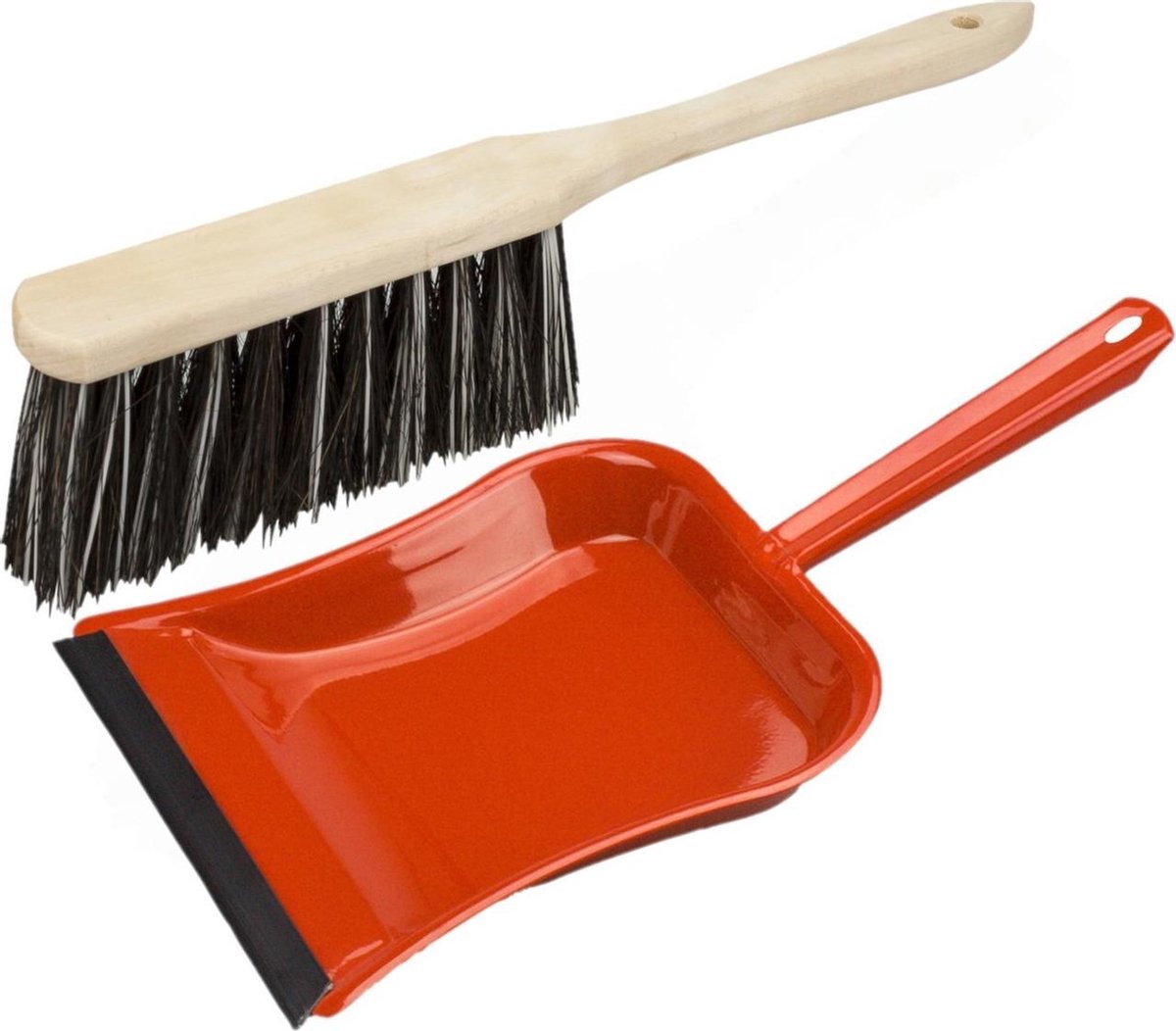 Stoffer en blik rood van metaal/hout/Arenga vezel met lip voor binnen - Zachte borstel/handveger