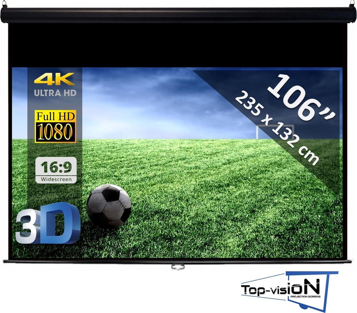 Manueel Projectiescherm (16:9) – Ø 106" - 270 cm // 235 ↔ x 132 ↕ cm - beamer scherm - economy - ZWARTE behuizing