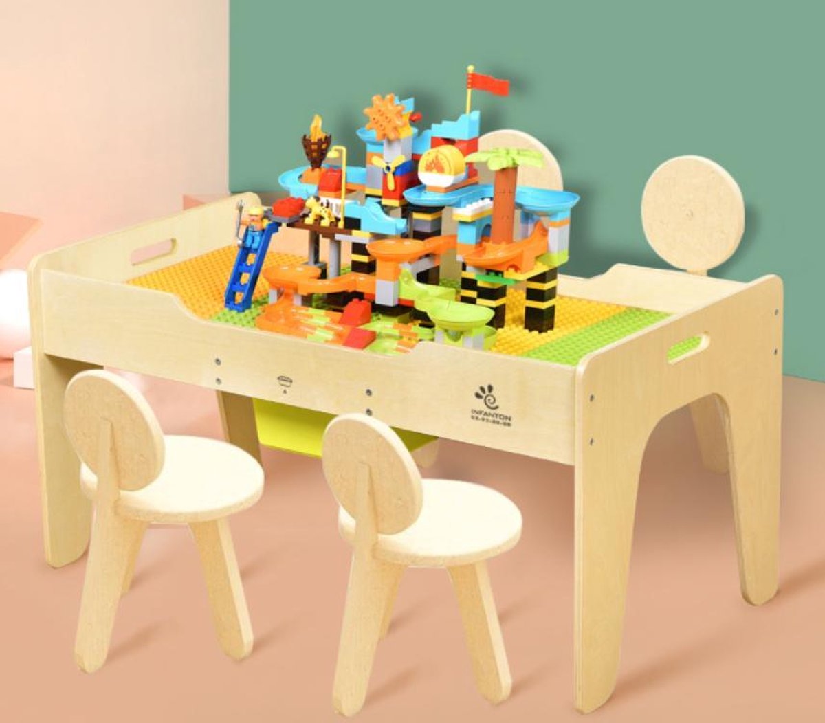 Infanton 2-in-1 Houten Bouwtafel & Krijtbord  105cm*55cm*51cm + 2 Stoeltjes + 1 grote bakje + 2 Bouwplaten voor Duplo  + 2 Bouwplaten voor Lego  - Blokkentafel - Schoolbord - Tekenbord - Speeltafel Kinderen - Geschikt voor Lego & Duplo Bouwstenen