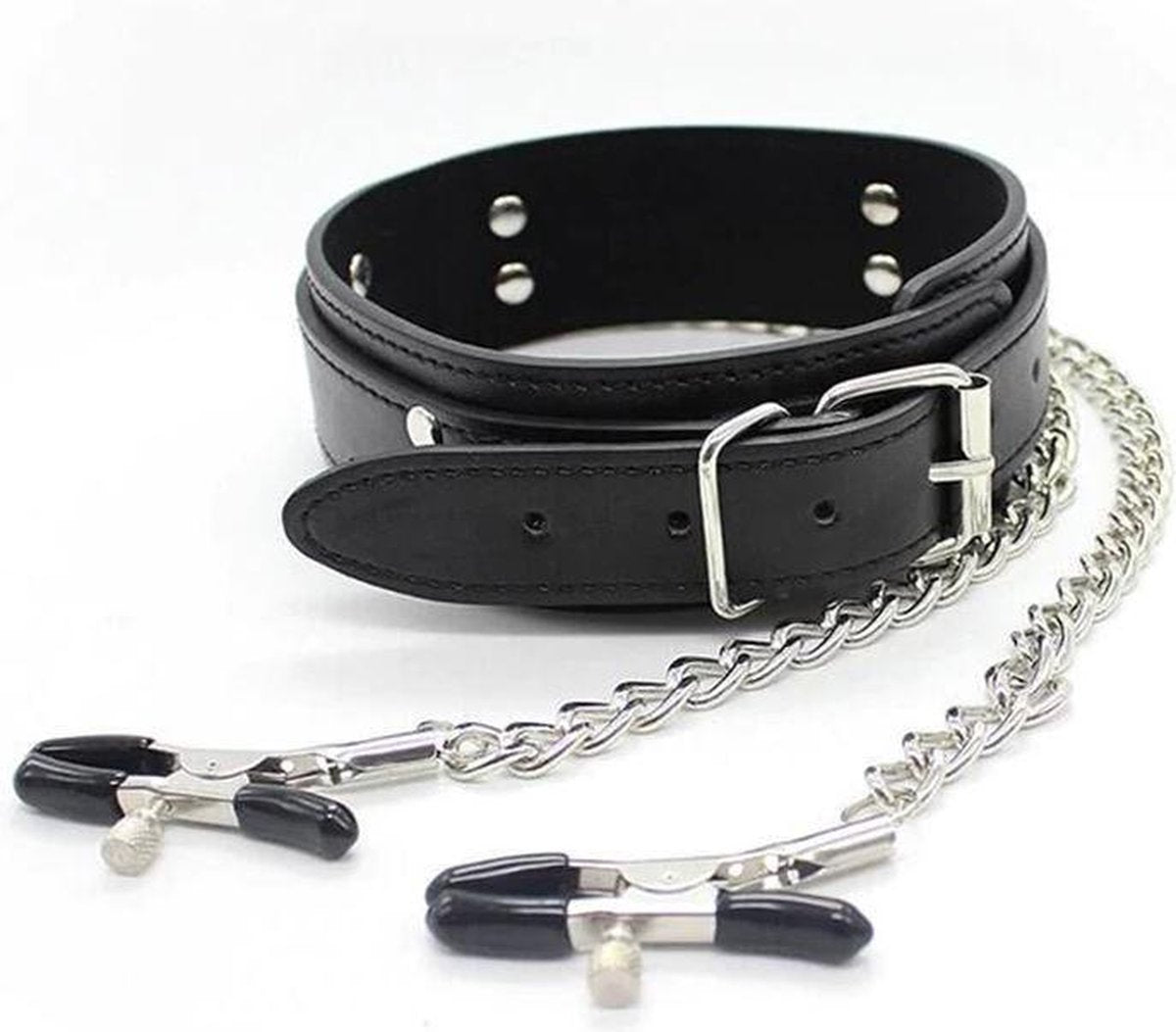 Bdsm Collar met tepelklemmen Bondage - Erotiek - Slave - Tepelklemmen - Lederen Ketting
