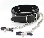 Bdsm Collar met tepelklemmen Bondage - Erotiek - Slave - Tepelklemmen - Lederen Ketting
