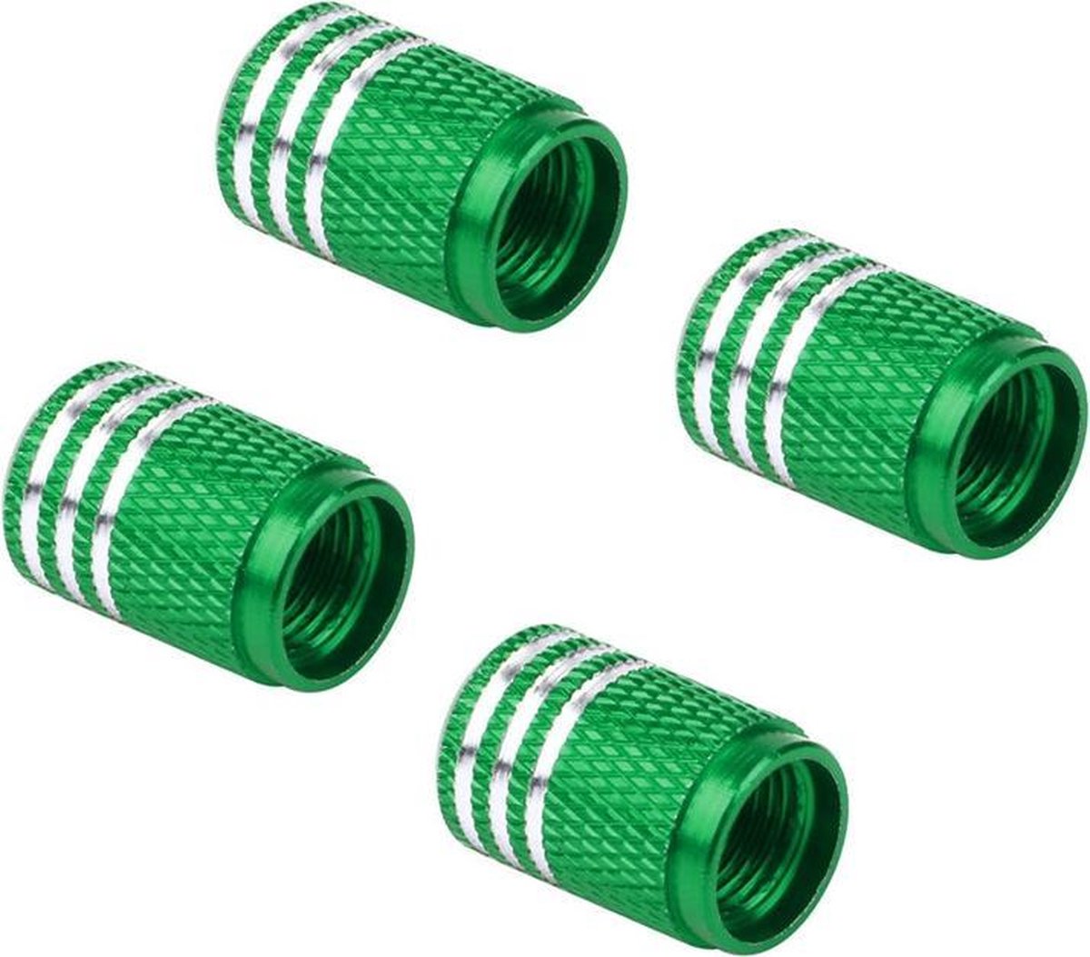 4 Groene aluminium ventieldopjes met 3 ingeslepen zilverkleurige ringetjes