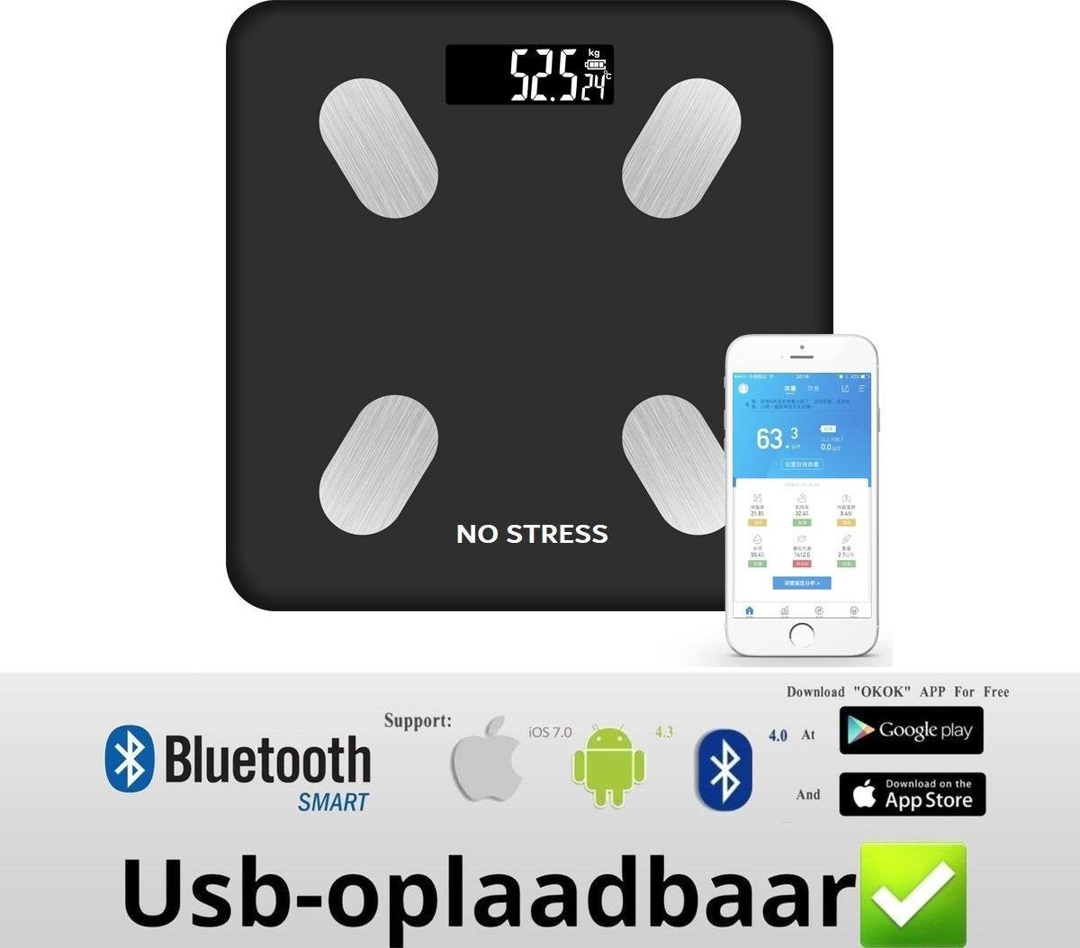 Digitale Bluetooth Personen weegschaal - 12 Lichaamsdata - USB OPLAADBAAR - INCL NEDERLANDSE APP - lichaamsanalyse - vetpercentage - spiermassa - gewicht - BMI - LBM - Weegschaal Met Lichaamsanalyse