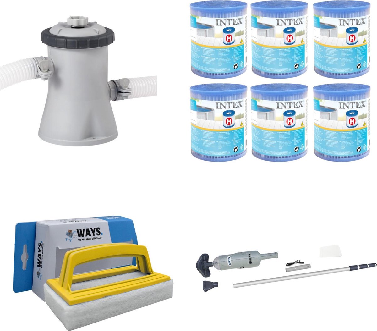 WAYS - Zwembad Onderhoud - Intex Zwembadstofzuiger & Intex Filterpomp 28602GS & 6 Intex Filters Type H & WAYS Handy Scrubborstel