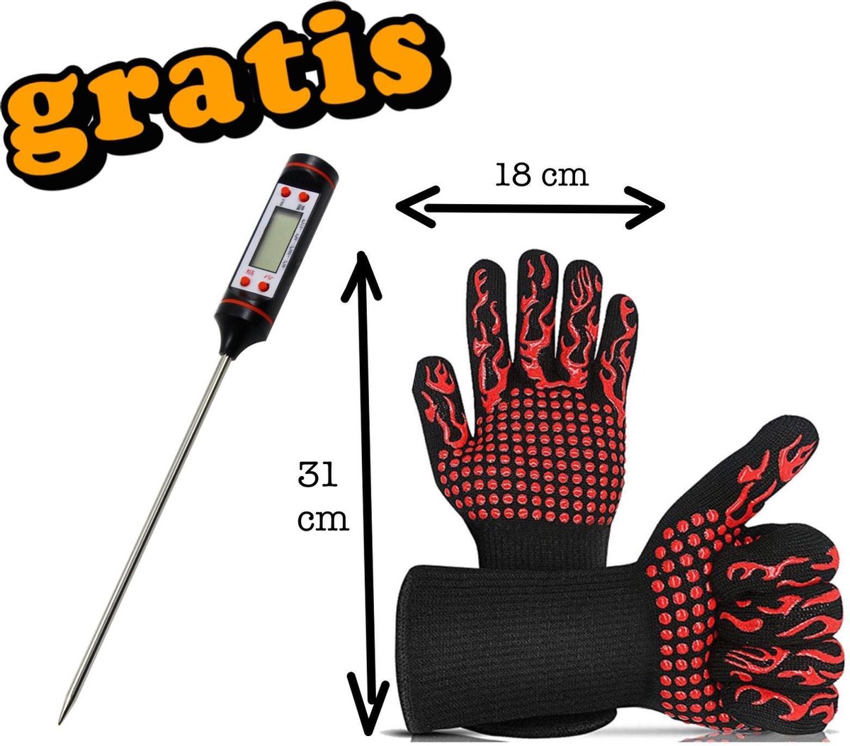 Hittebestendige BBQ & Oven Handschoenen (2 stuks) met een GRATIS thermometer- tot 500°C - Extra Lang Voor Armbescherming -Ovenwanten- hoekbeschermers-Koken - Keukenaccessoires
