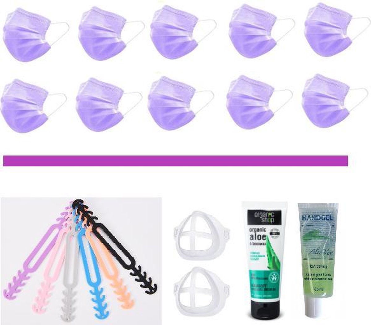 Mondkapjes Vakantie Pakket: 50 Paarse Mondmaskers | 5 Earsavers Mix | 2 Mondmaskerhouders | Handcreme | Handgel
