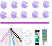 Mondkapjes Vakantie Pakket: 50 Paarse Mondmaskers | 5 Earsavers Mix | 2 Mondmaskerhouders | Handcreme | Handgel