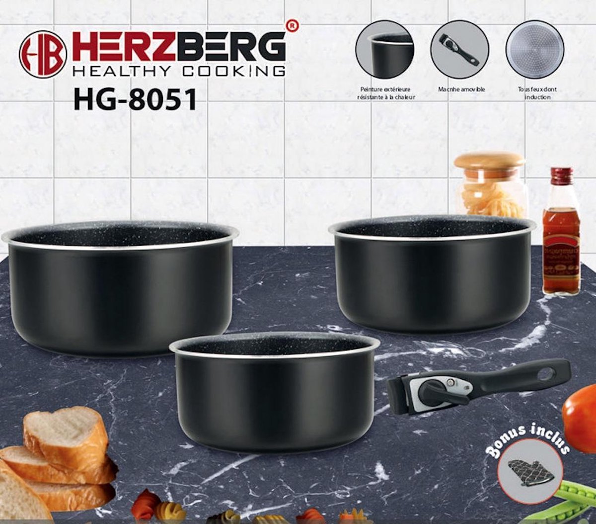 Herzberg HG-8051: 5-Delige Braadpannenset met afneembaar handvat zwart