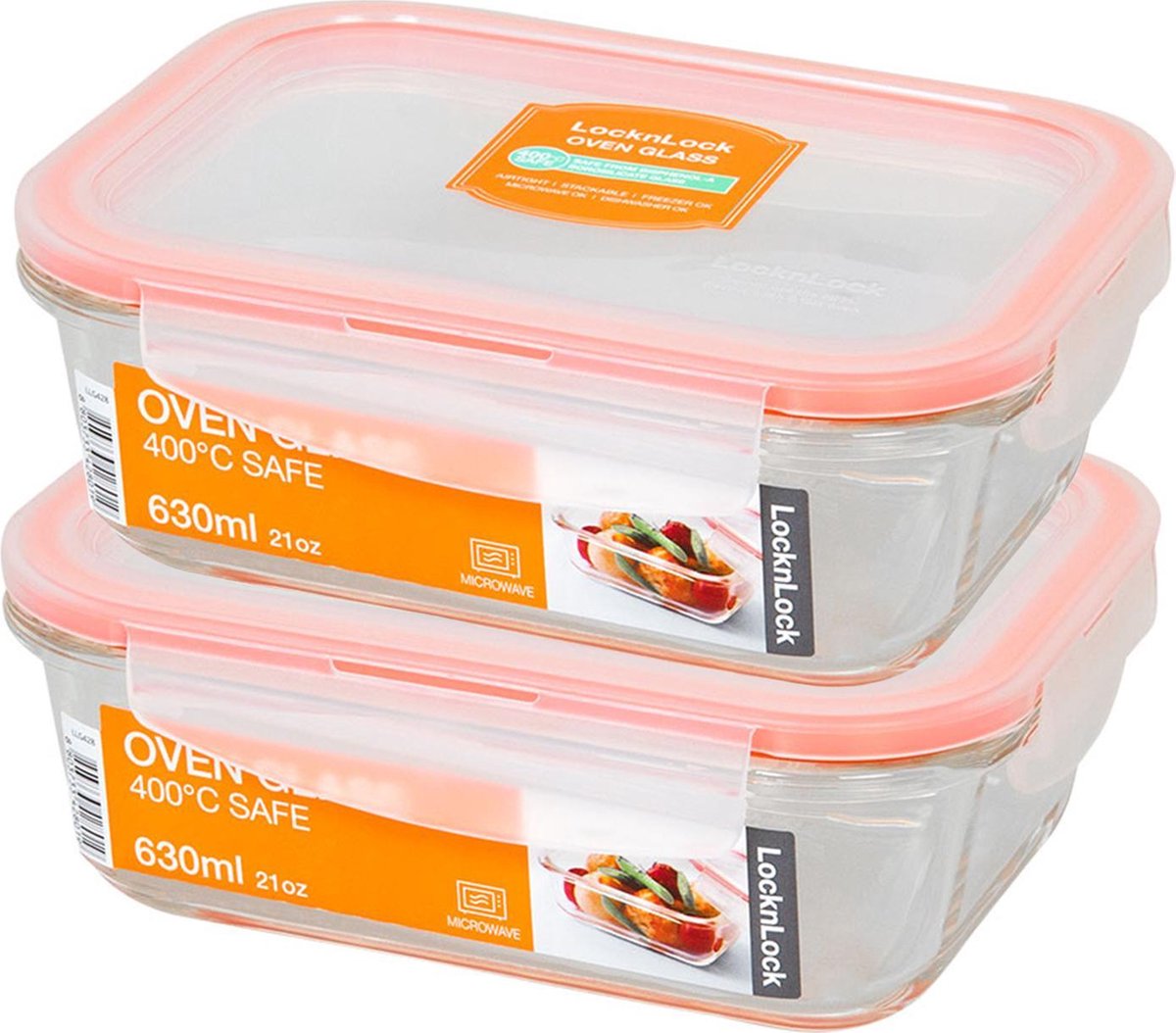 Lock&Lock Glazen vershoudbakjes | Ovenschaaltjes met deksel - Set van 2 stuks - 630ml - 17