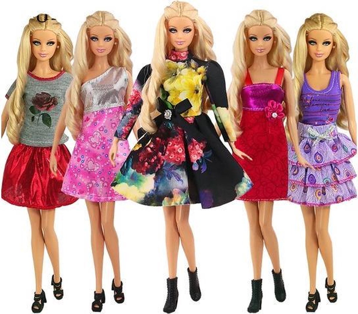 Modepoppen kleding set: 5 fashion outfits met jurkjes