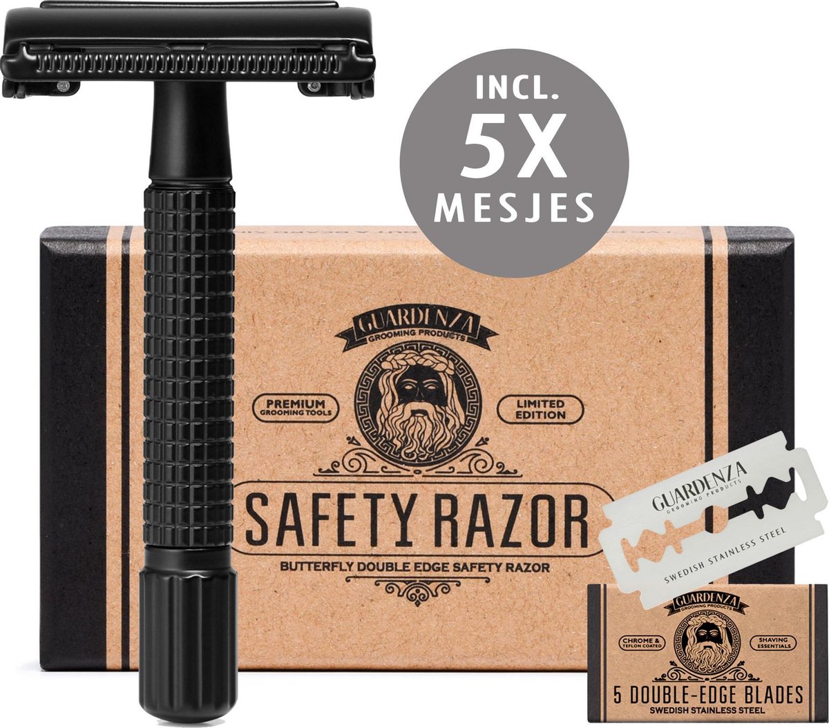 Guardenza Double-Edge Safety Razor Butterfly  (incl. scheermesjes) mat zwart  | Klassiek Scheermes| Barbier Scheermes | Veiligheidsscheermes