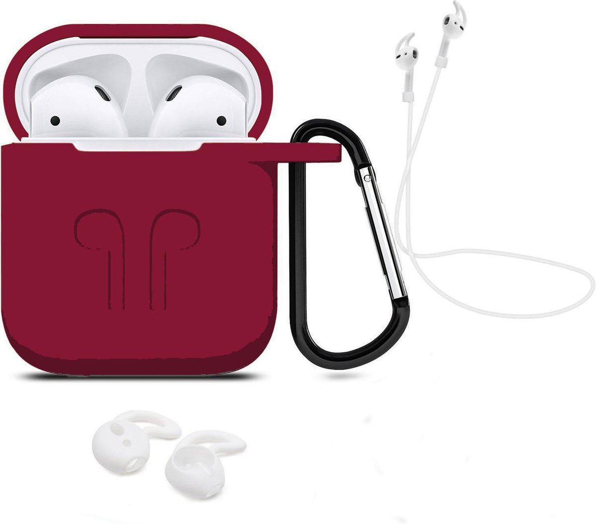 3 in 1 set! Hoesje voor Airpods siliconen case cover beschermhoes + strap + earhoox - bordeaux rood