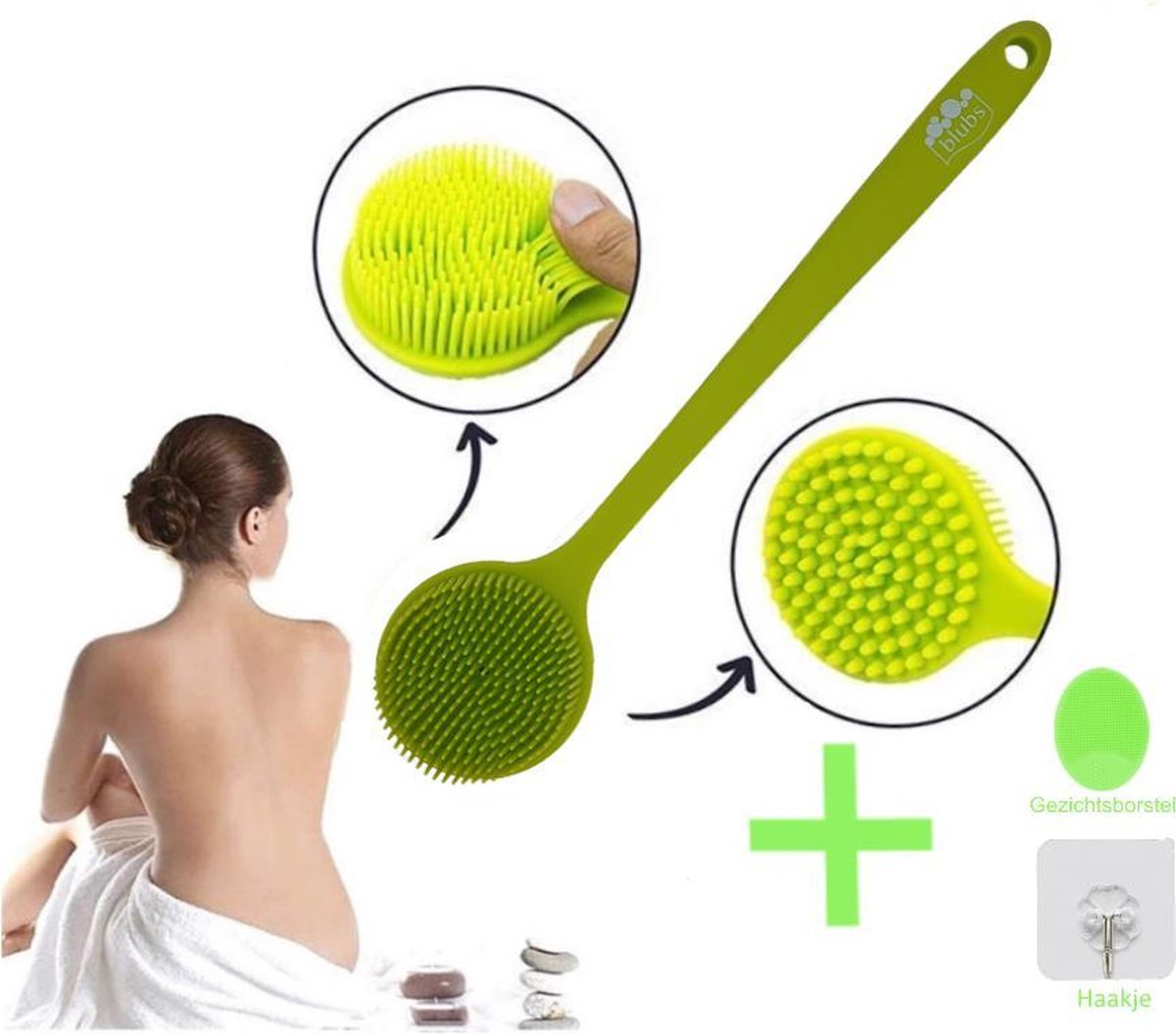 Blubs® – Badborstel – Dry brush – Rug Scrubber – Lichaamsborstel – Rugborstel douche met steel – Huidborstel – Rugborstel kunststof – Badborstel met steel – Doucheborstel met steel – Siliconen borstel – Droogborstel – Massage – Groen