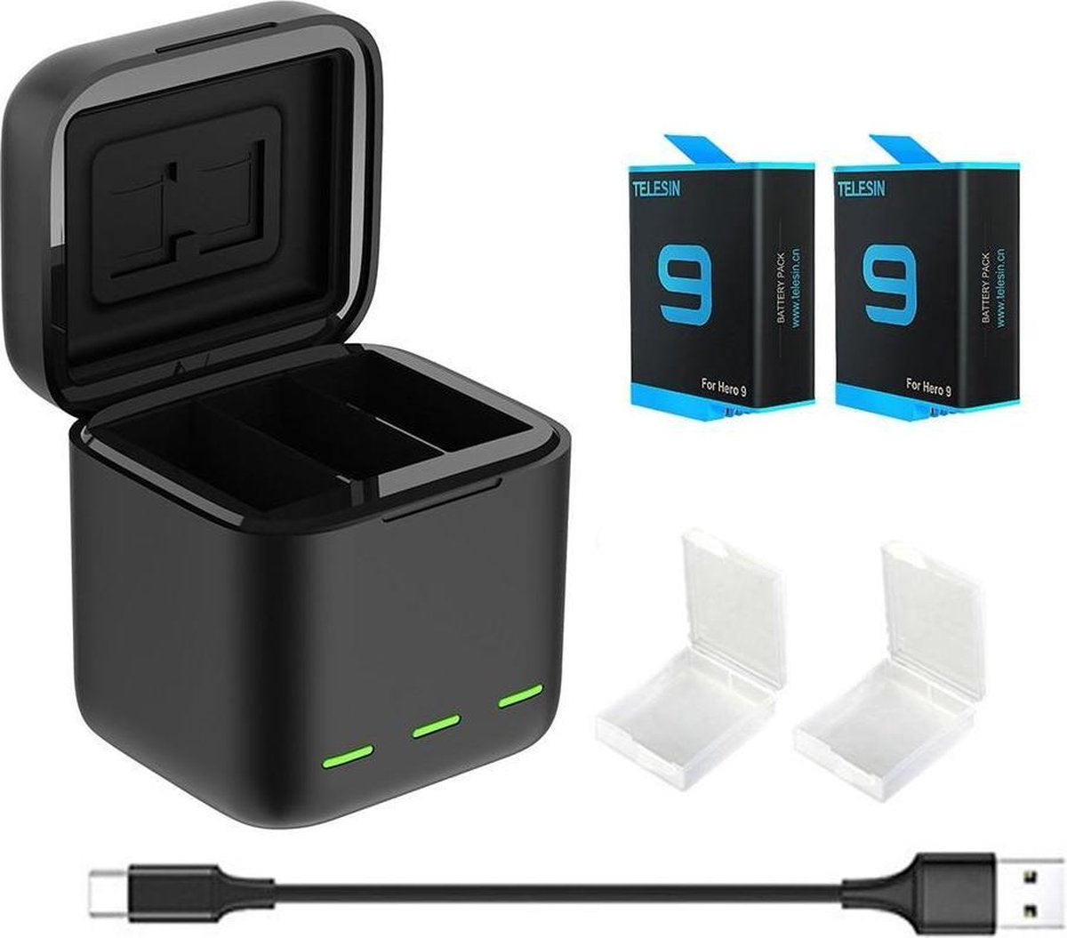 PRO SERIES Led Licht Batterij Oplader met Tf-Kaart Opslag + 2x Batterij 1750 mAh Geschikt voor GoPro Hero 9