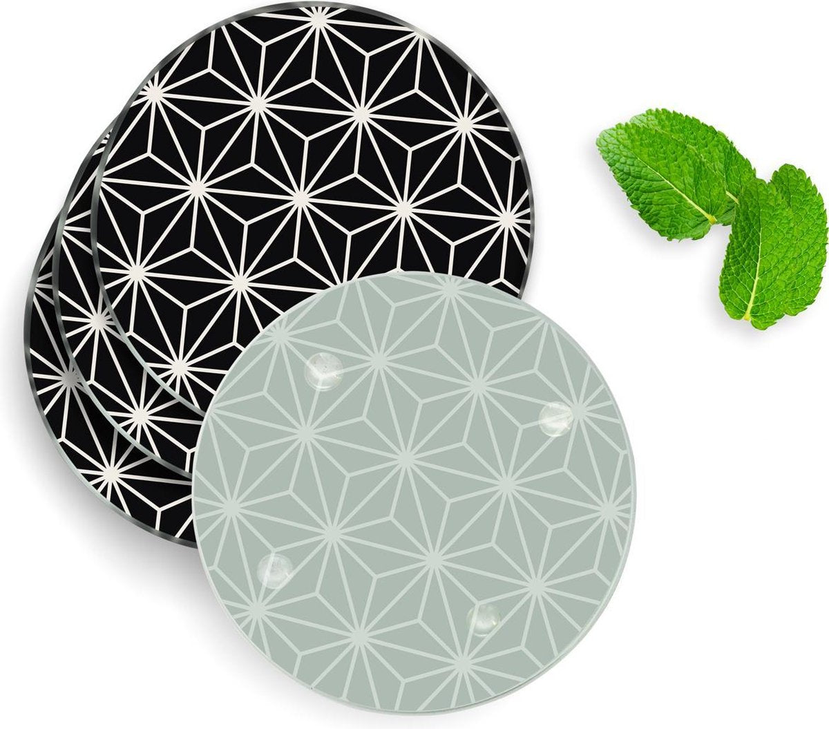 4 Luxe Glazen Onderzetters - Design Black Geometric Stars - Rond